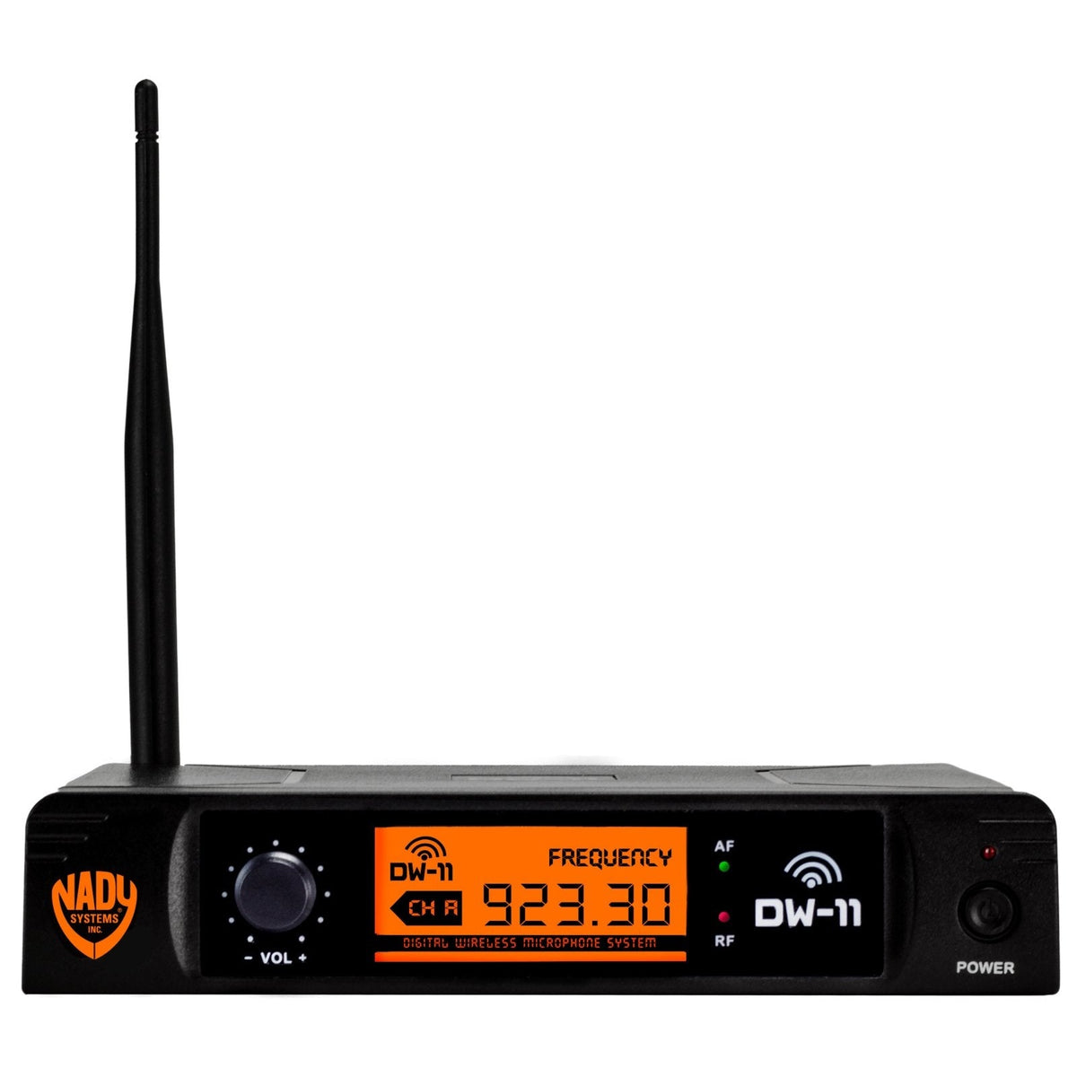 Front panel of the Nady DW-11 receiver showing the frequency display, volume knob and power button