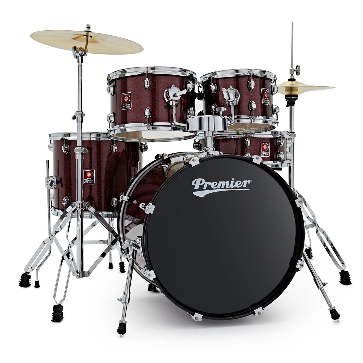 Premier Revolution PR20-5DKRSW 20 inch 5-piece drum kit in red sparkle with chrome hardware, cymbals and black bass drum head