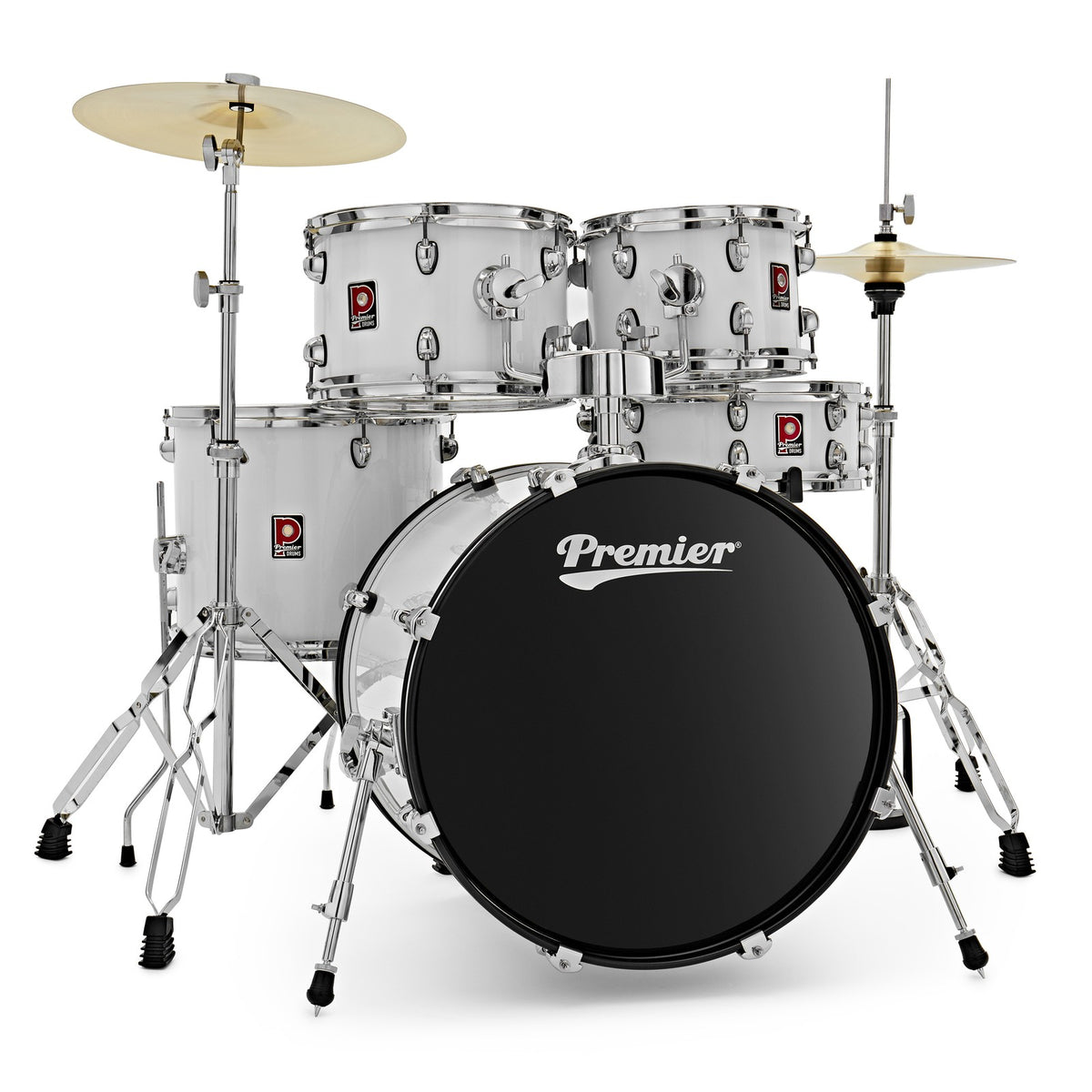 Premier Revolution PR20-5DKWHW 20 inch 5-piece drum kit in white with chrome hardware, cymbals and black bass drum head