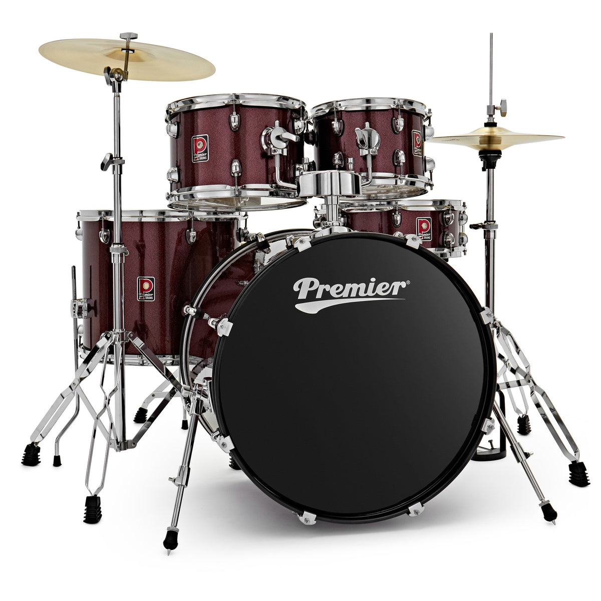 Premier Revolution PR22-5DKRSW 22 inch 5-piece drum kit in red sparkle with chrome hardware, cymbals and black bass drum head