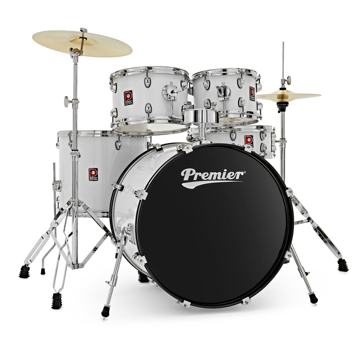 Premier Revolution PR22-5DKWHW 22 inch 5-piece drum kit in white with chrome hardware, cymbals and black bass drum head
