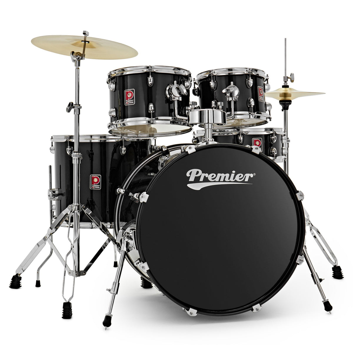 Premier Revolution PR22-5DKBKW 22 inch 5-piece drum kit in black with chrome hardware, cymbals and black bass drum head