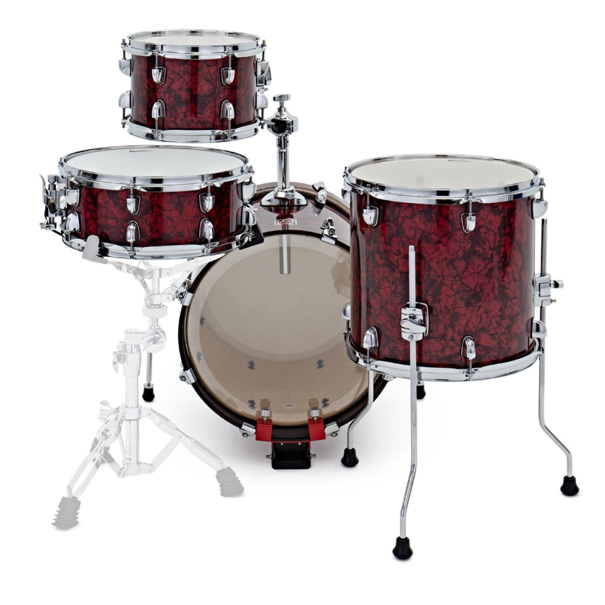 Front view of the Premier Artist Heritage 16-inch 4-piece shell pack in Burgundy Pearl, with toms, snare and bass drum shown on stands (stands and pedal are not included)