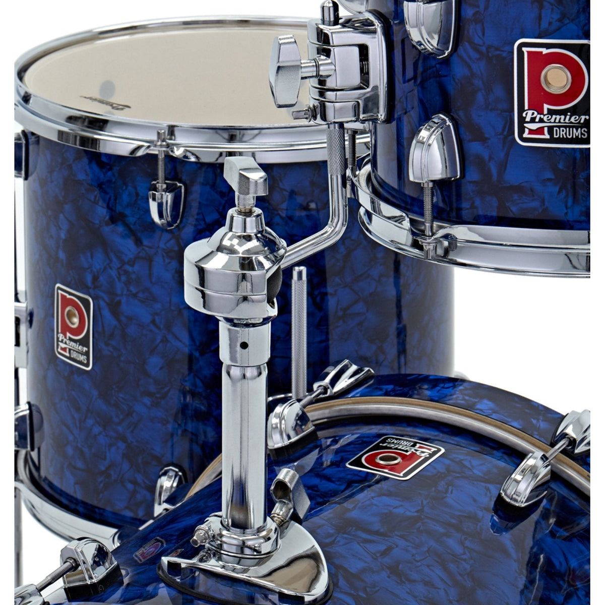 Close-up of the tom mount and bass drum hoop on the Premier Artist Heritage 16-inch 4-piece shell pack in Blue Pearl