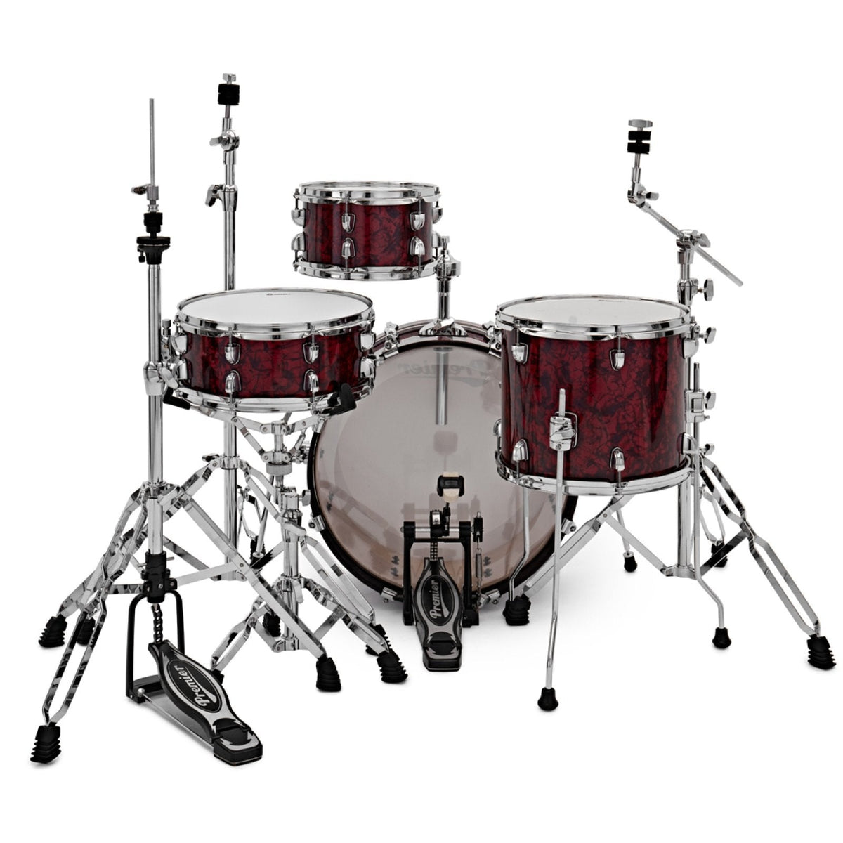 The Premier Artist Heritage 20-inch 4-piece shell pack in Burgundy Pearl set up with cymbal stands, hi-hat and drum hardware (hardware and cymbals not included)