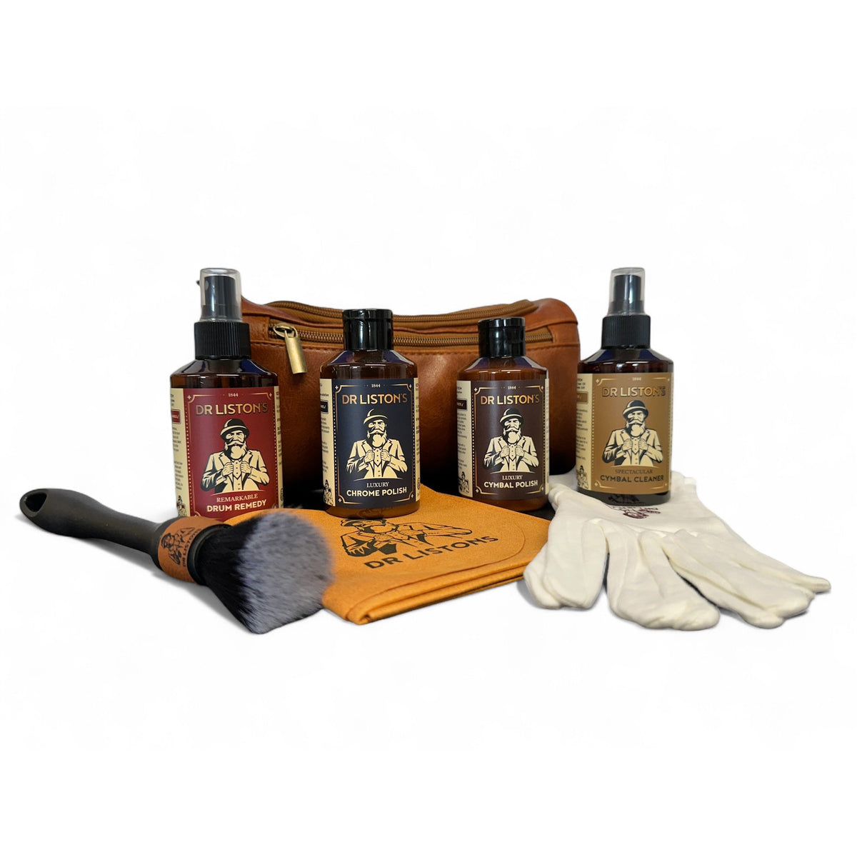 Dr. Liston's Ultimate Drum Cleaning Set with drum remedy, chrome polish, cymbal polish and cymbal cleaner bottles, cloth, gloves, brush and leather bag