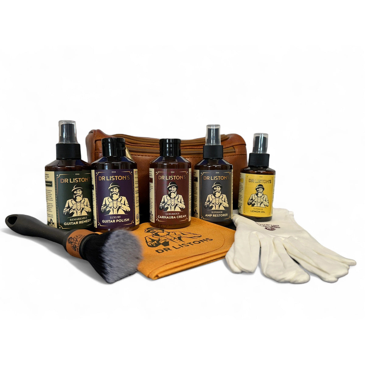 Dr. Liston's Ultimate Guitar Cleaning Set with five 150 ml bottles, polishing cloth, gloves, brush and leather carry bag