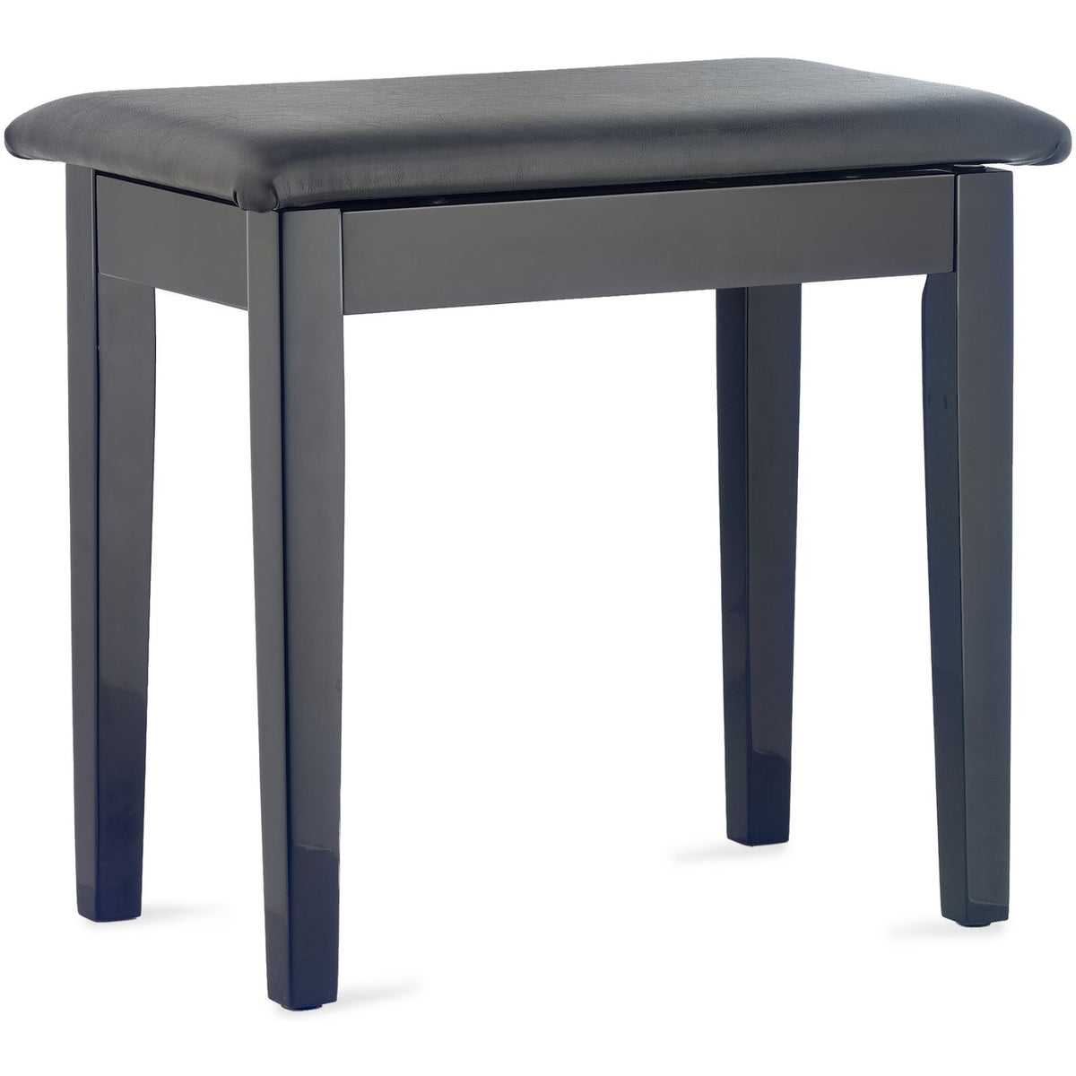 Stagg PBF23 highgloss black piano bench with black vinyl top, front view with the lid closed