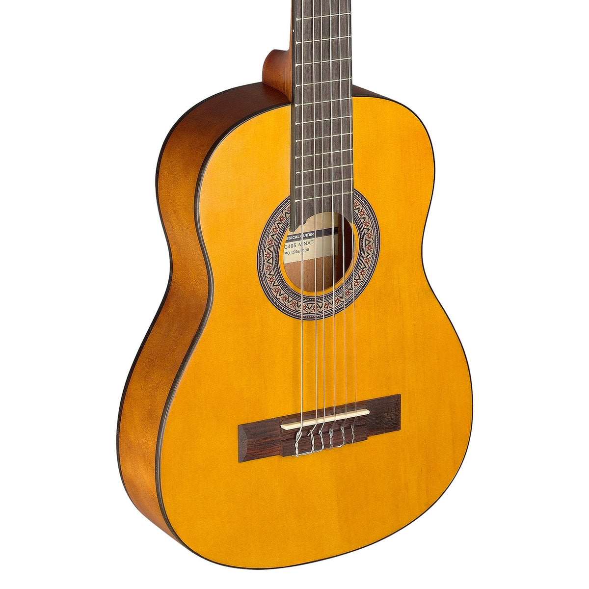 Stagg C405 M 1/4 classical guitar in matt natural finish, body front with linden top, rosette and walnut bridge