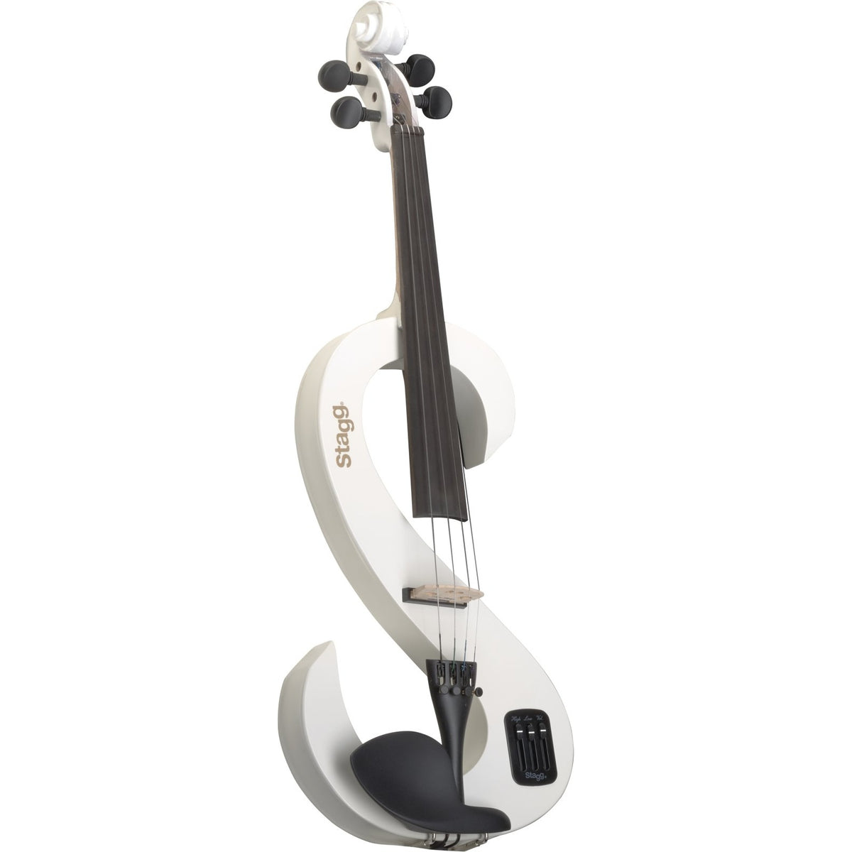 Stagg EVN 4/4 WH electric violin with S-shaped white body, black fingerboard and tuning pegs, standing upright
