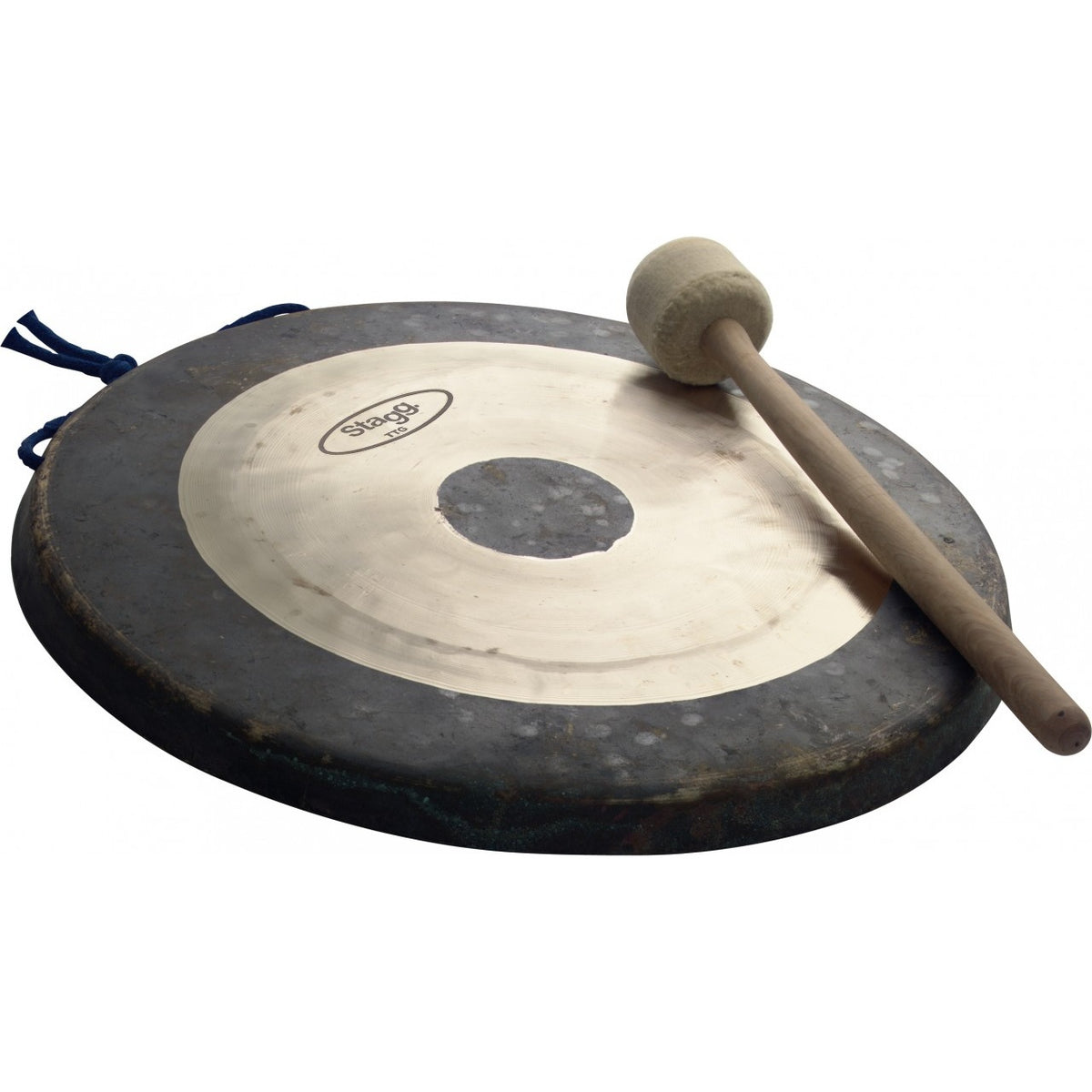 Stagg TTG-16 16-inch tam tam gong with dark hammered rim, bright polished center and a felt-headed beater