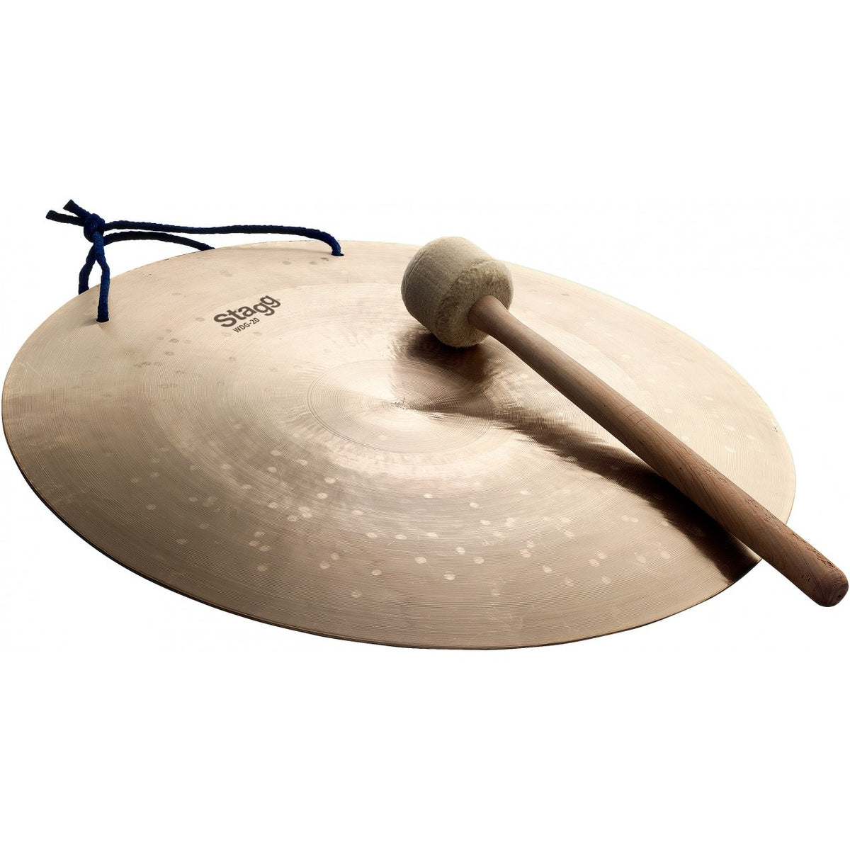 Stagg WDG-20 20-inch wind gong with a felt-headed wooden beater and blue hanging cord on a white background
