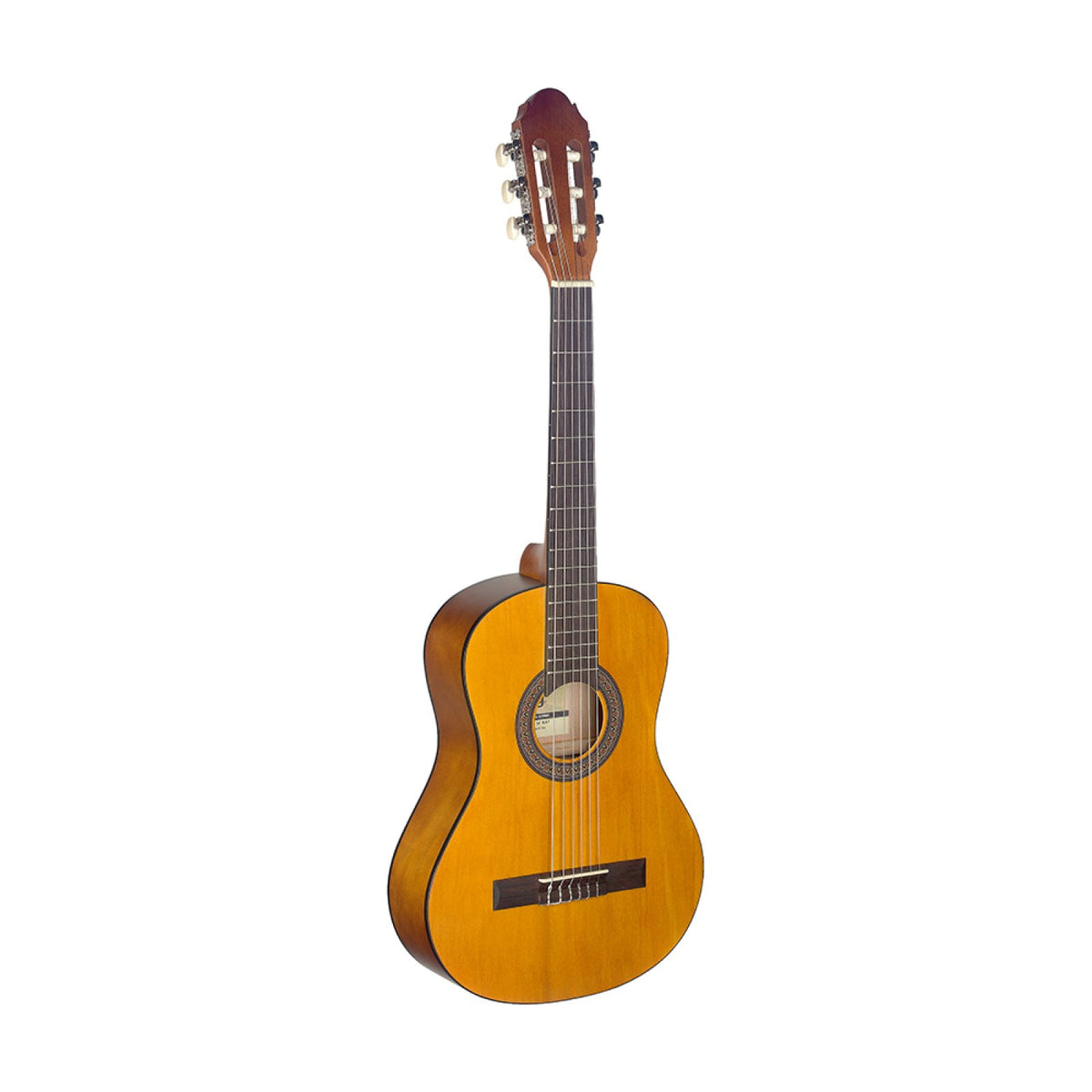 Stagg C410 M 1/2 size classical guitar in natural finish with linden top, front three-quarter view on white background