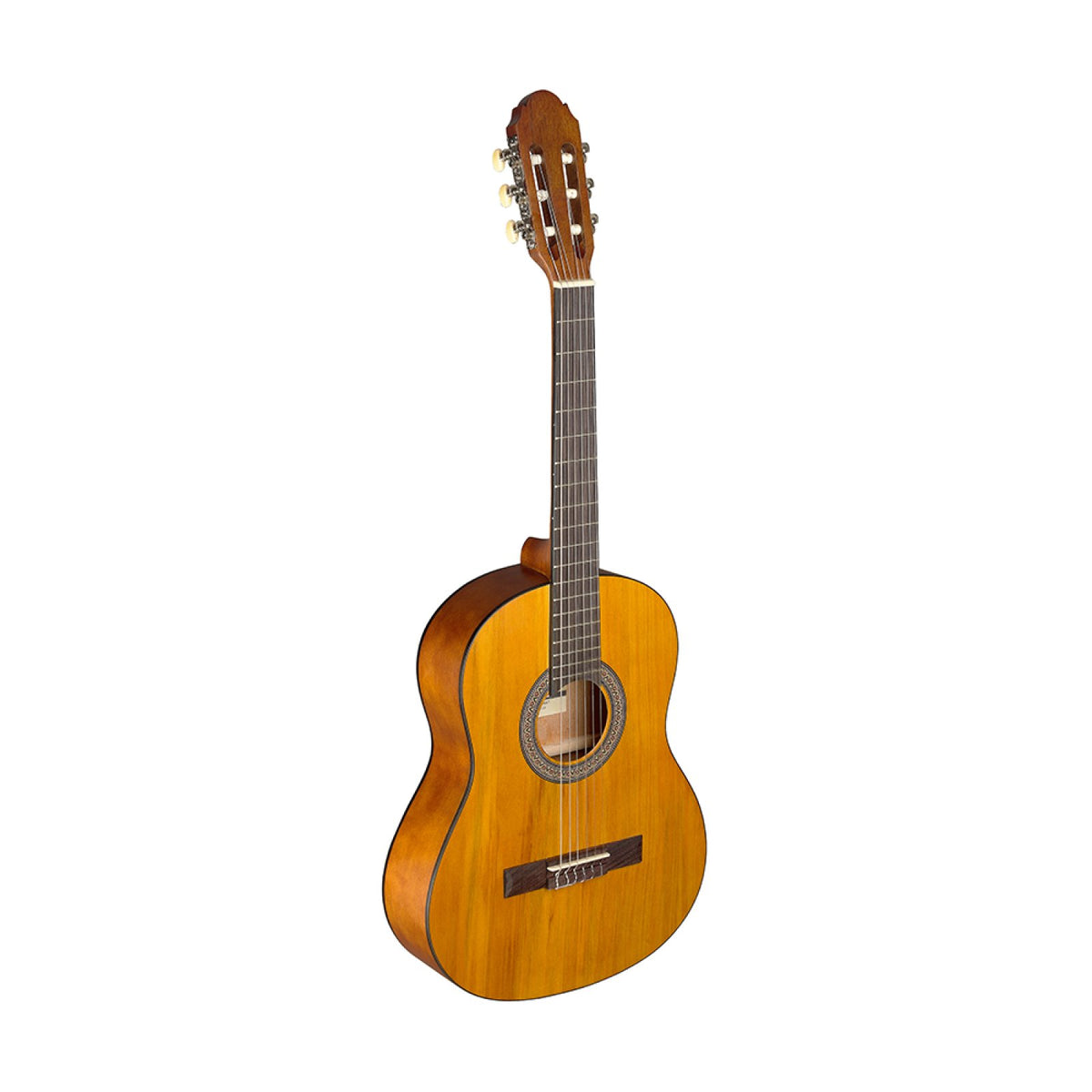 Stagg C430 M 3/4 size classical guitar in natural finish with linden top, front three-quarter view on white background