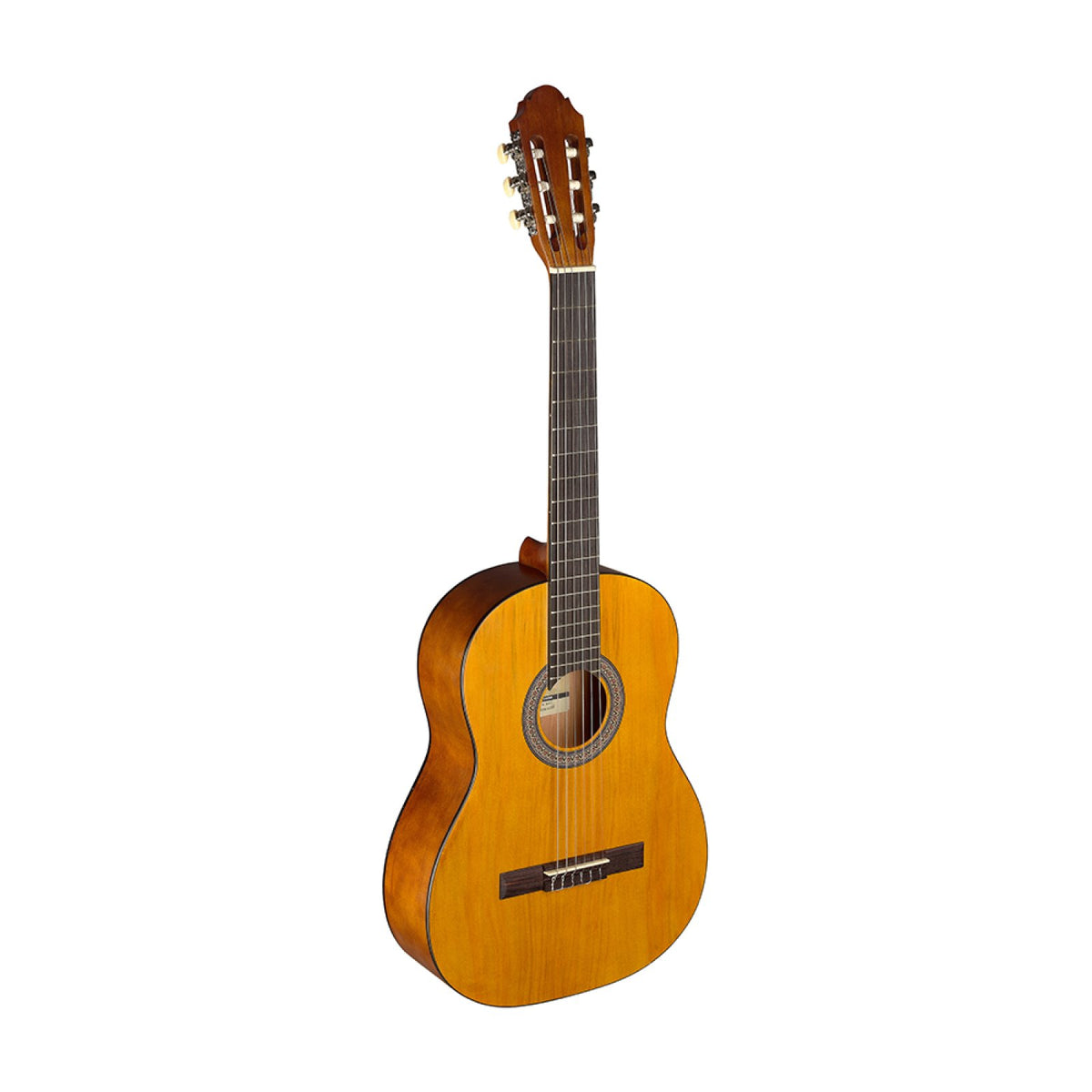 Stagg C440 M 4/4 size classical guitar in natural finish with linden top, front three-quarter view on white background