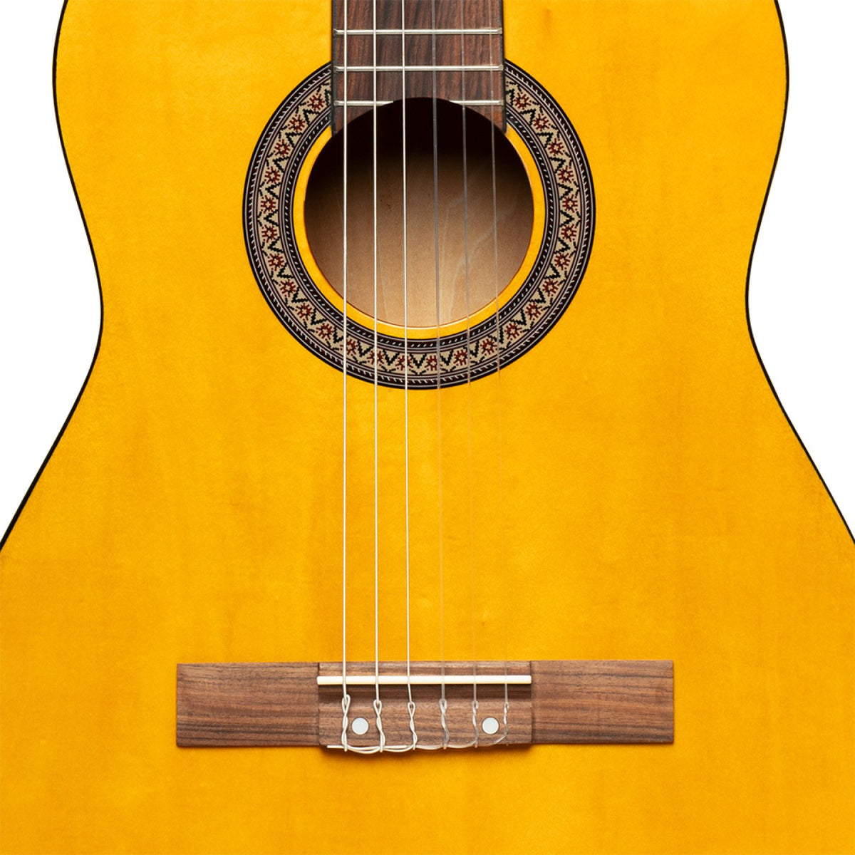 Close-up of the Stagg SCL50 classical guitar soundhole rosette, linden top and Pau Ferro bridge