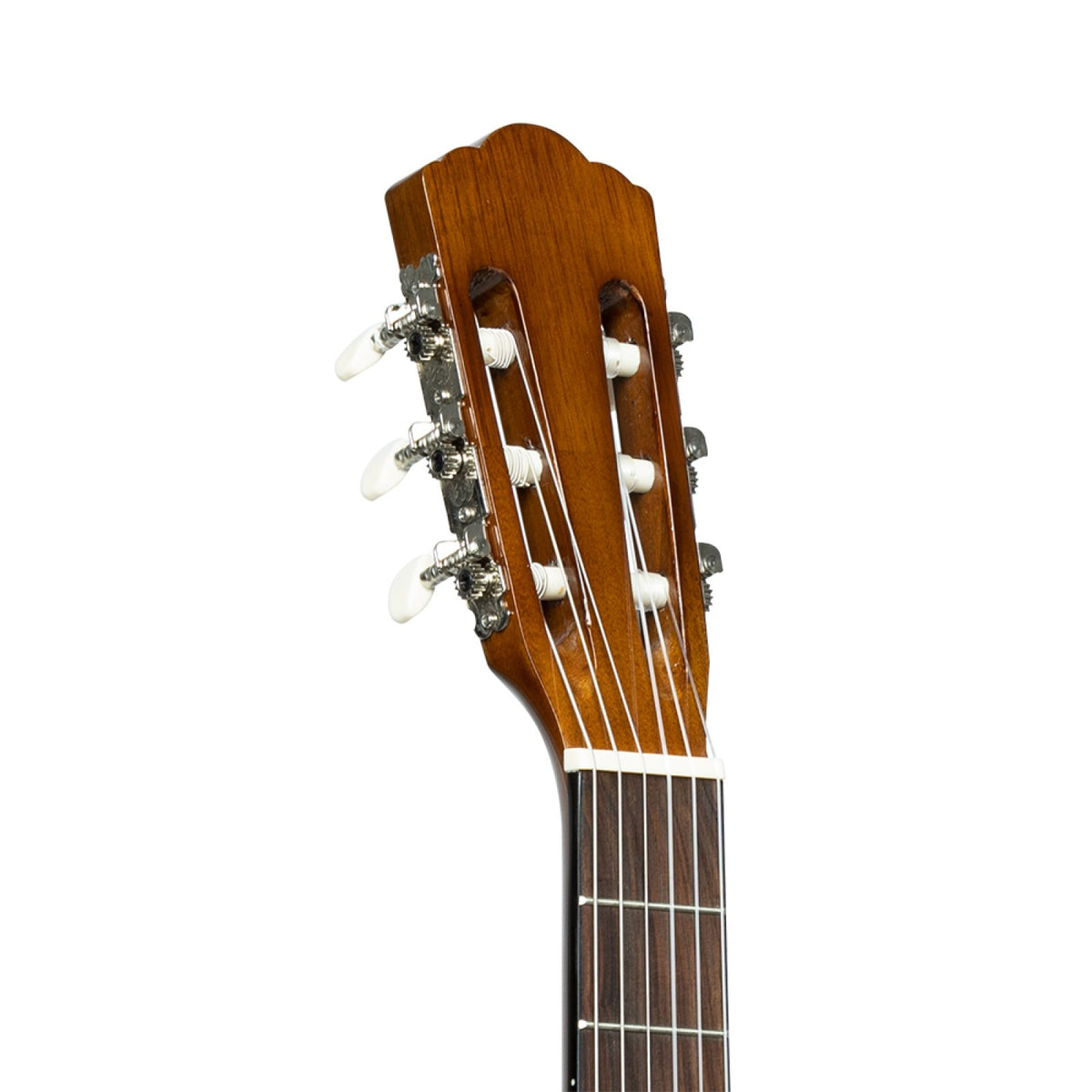 Close-up of the Stagg SCL50 classical guitar headstock with nickel classical machine heads