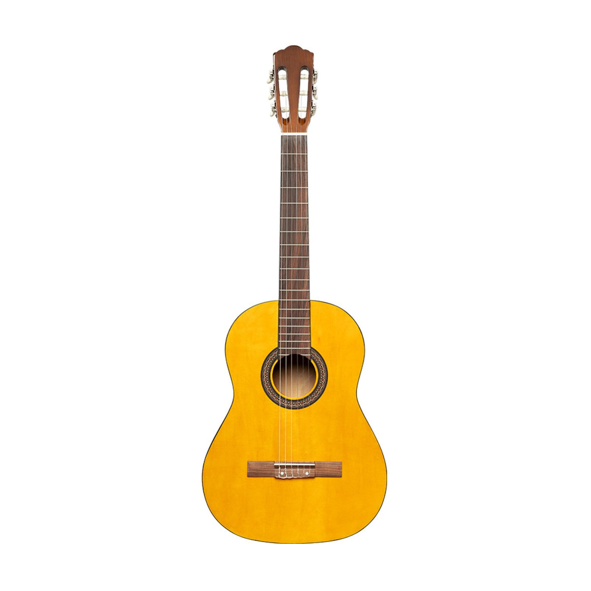 Stagg SCL50 3/4 classical guitar front view showing the natural linden top, rosette and Pau Ferro bridge