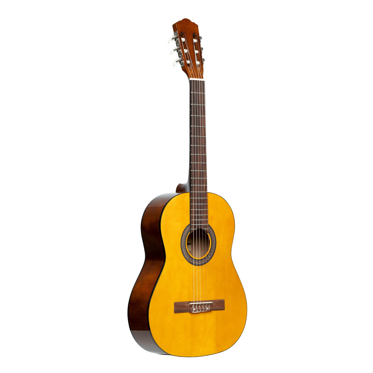 Stagg SCL50 3/4 classical guitar in high-gloss natural finish with linden top, front three-quarter view on white background