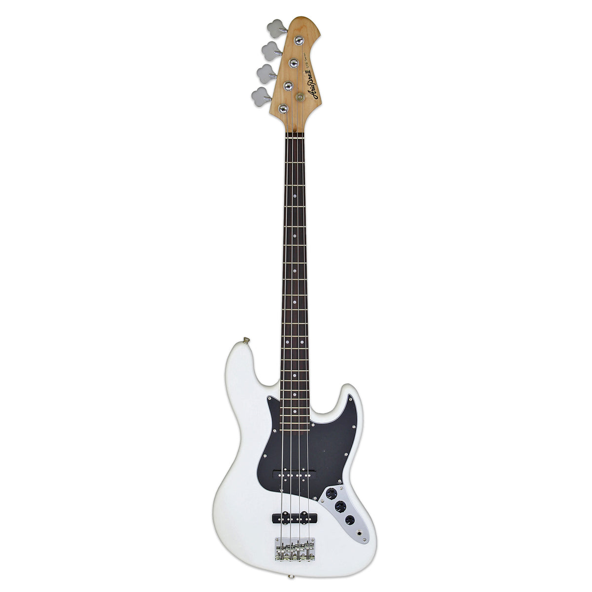 Aria Pro II STB-JB electric jazz bass in white with a black pickguard and rosewood fingerboard, full-length front view