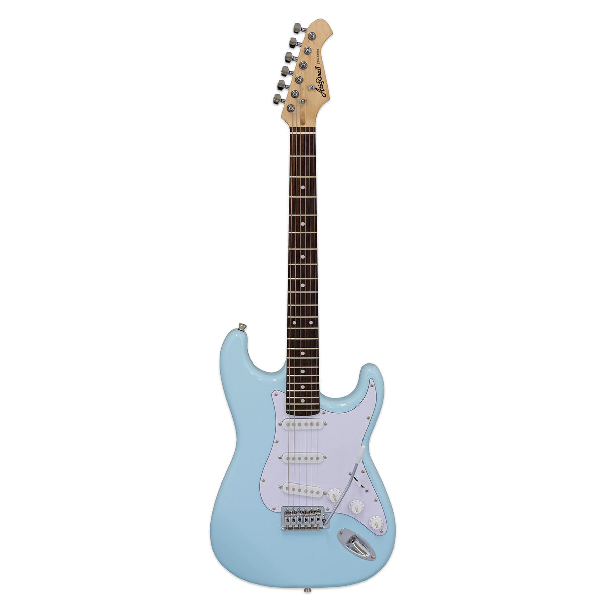 Aria STG-003 electric guitar in sonic blue with a white pickguard, full-length front view