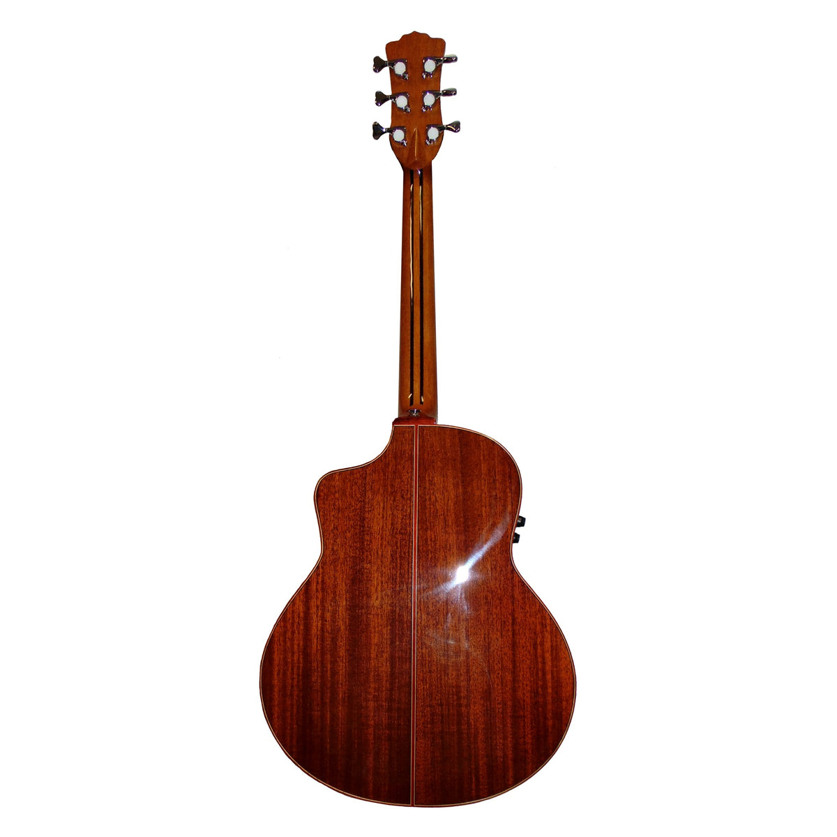 Back of the Willow Creek Suncreek Spruce mini guitar in reddish mahogany.