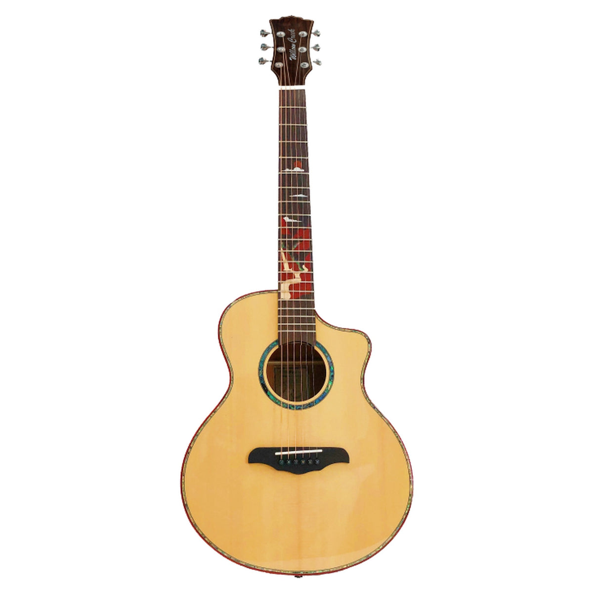 Willow Creek Suncreek Spruce 38-inch mini grand auditorium guitar, front with spruce top and creek-theme fretboard inlay.