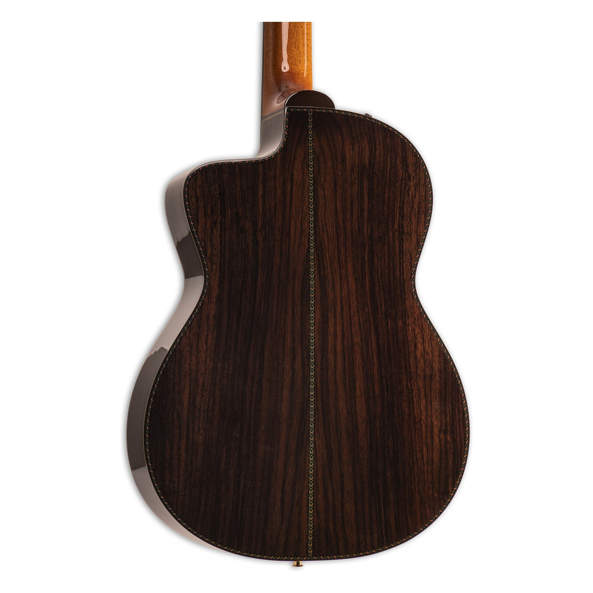 Back of the Takamine DH90 body showing the solid rosewood back and the heel of the mahogany neck.