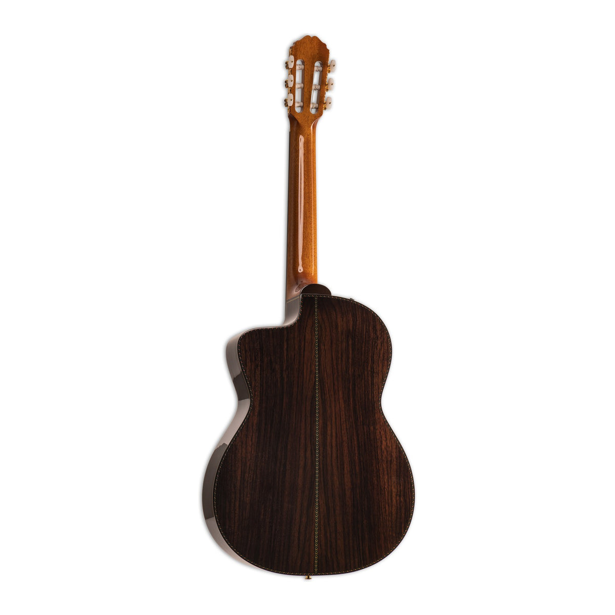 Full back view of the Takamine DH90 showing the mahogany neck and the solid rosewood back.