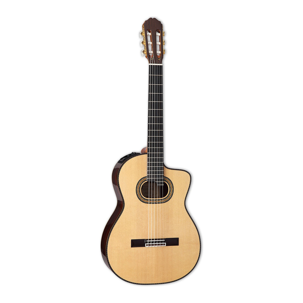 Full front view of the Takamine DH90 classical cutaway guitar standing upright with the headstock at the top.