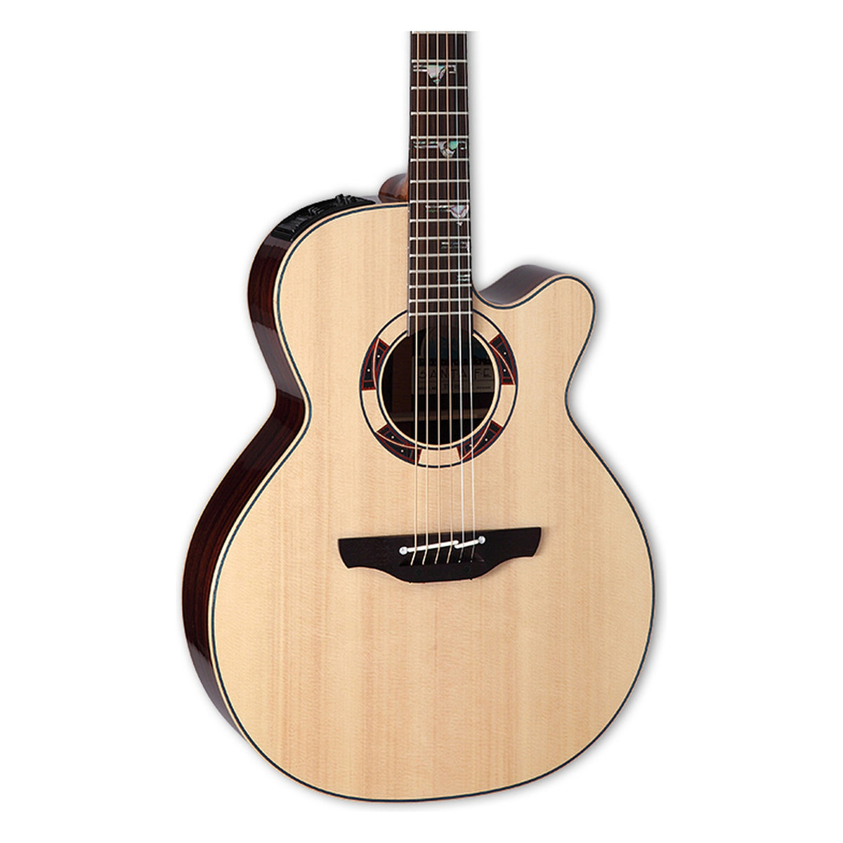 Front of the Takamine DSF48C body in a gloss natural finish: solid spruce top, cutaway, soundhole rosette and the lower fretboard.