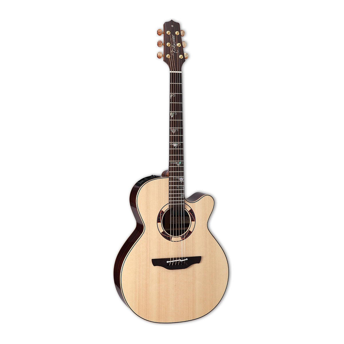 Full front view of the Takamine DSF48C NEX cutaway guitar standing upright with the headstock at the top.