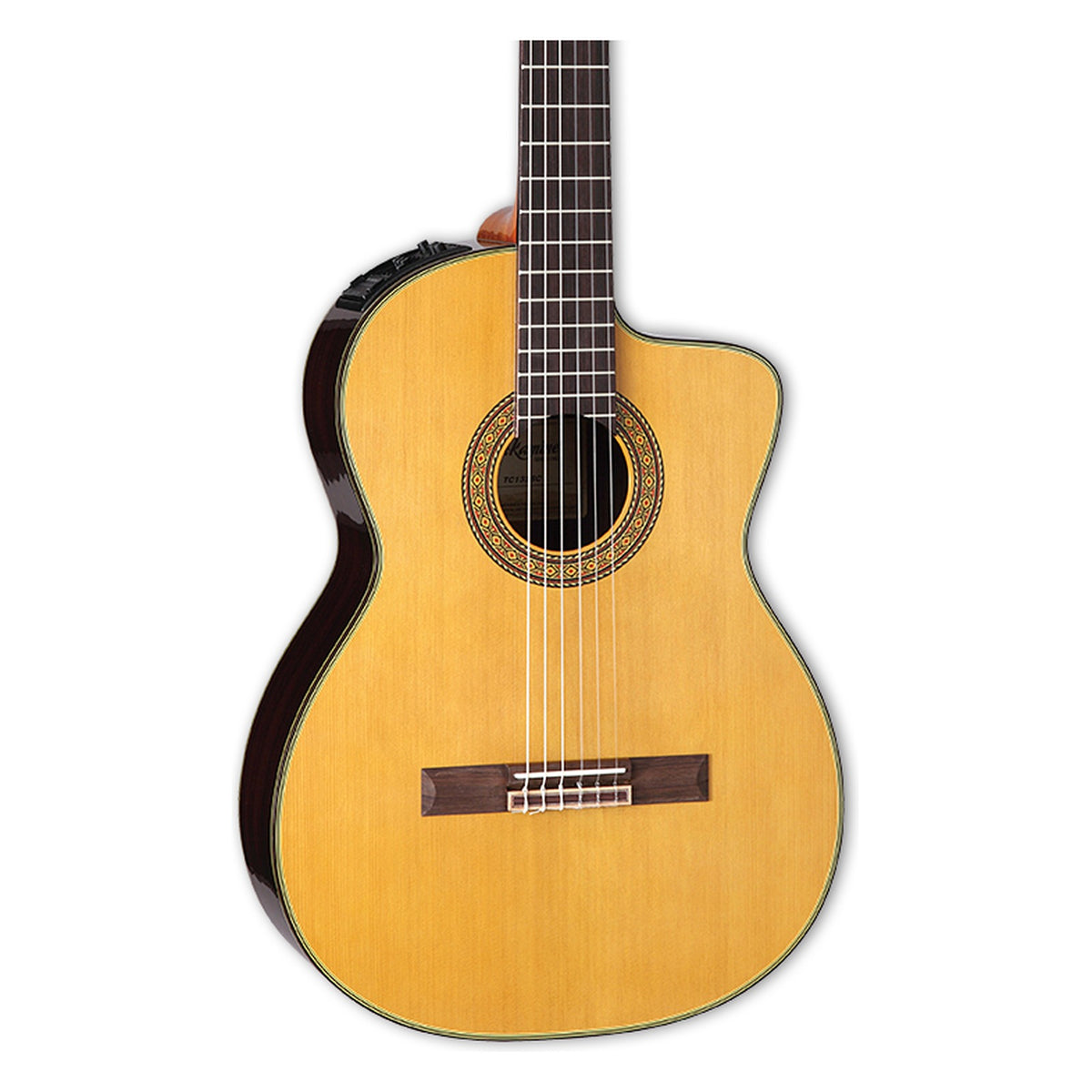 Front of the Takamine EC132SC body in a gloss natural finish: solid cedar top, cutaway, soundhole rosette and the lower fretboard.