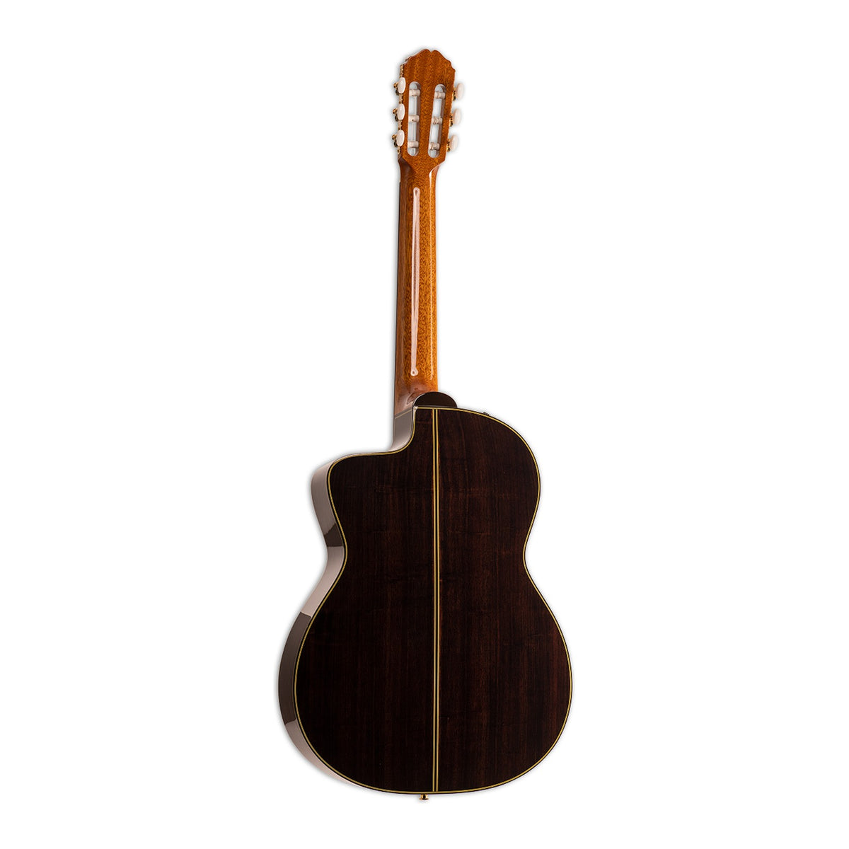 Full back view of the Takamine EC132SC showing the mahogany neck and the solid rosewood back.