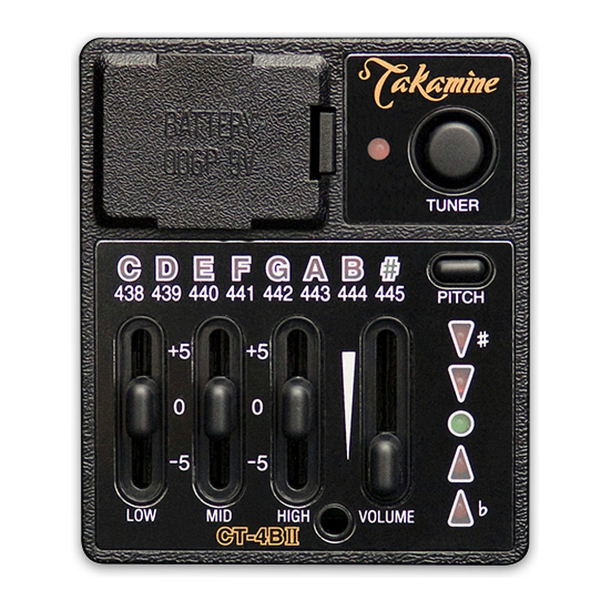 Takamine CT4B II preamp panel with a tuner button, low, mid and high EQ sliders and a volume slider.