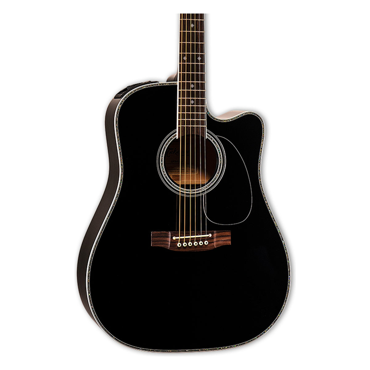 Front of the Takamine EF341DX body in a gloss black finish: solid cedar top, cutaway, soundhole rosette and the lower fretboard.