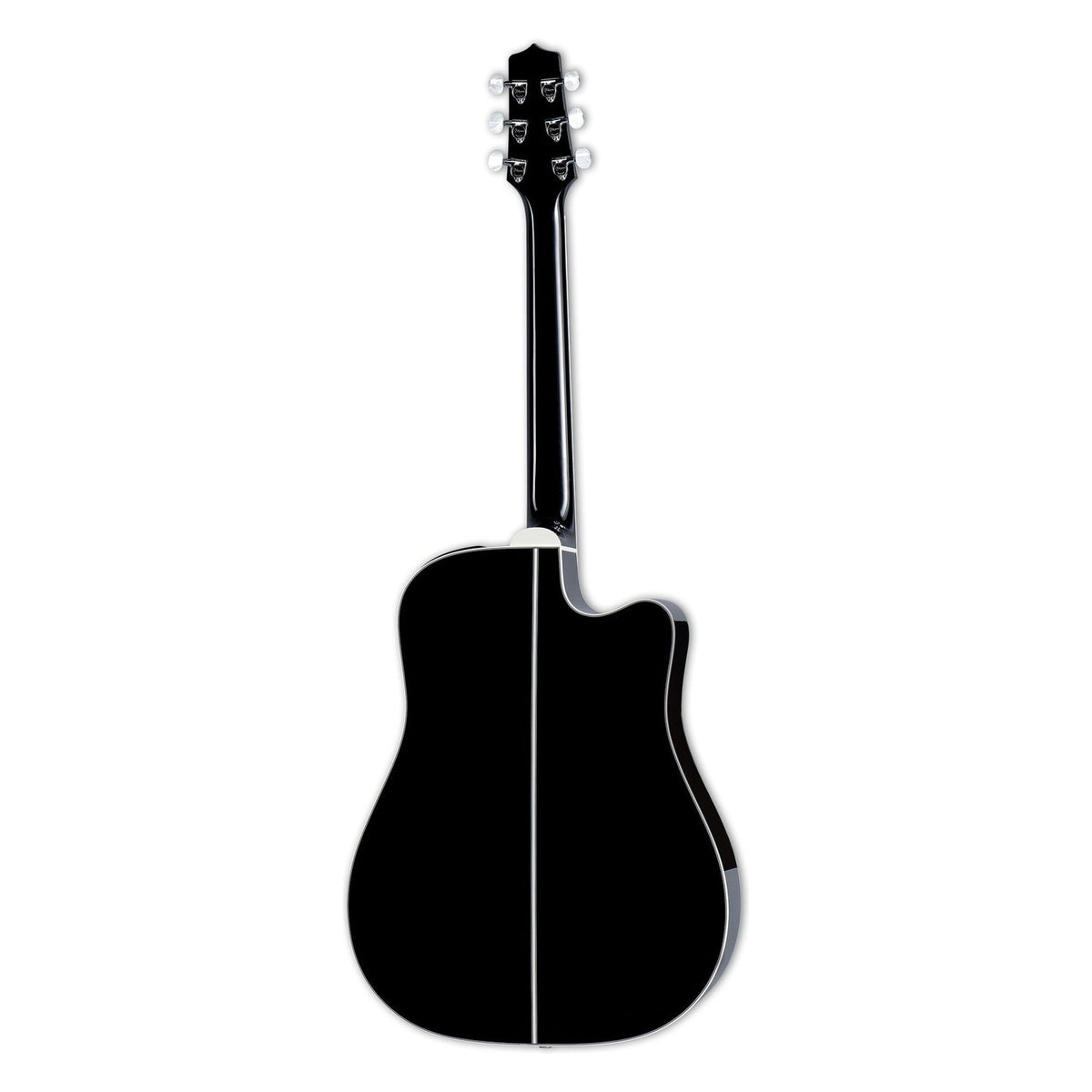 Back of the Takamine EF341DX left-handed guitar in gloss black with white binding and a white center stripe.