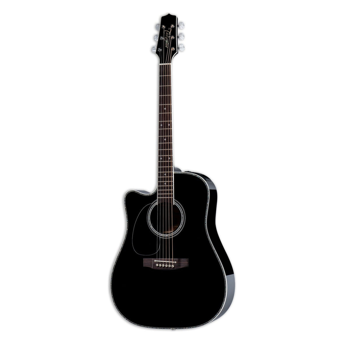 Takamine EF341DX left-handed dreadnought cutaway acoustic-electric guitar in gloss black, standing upright.