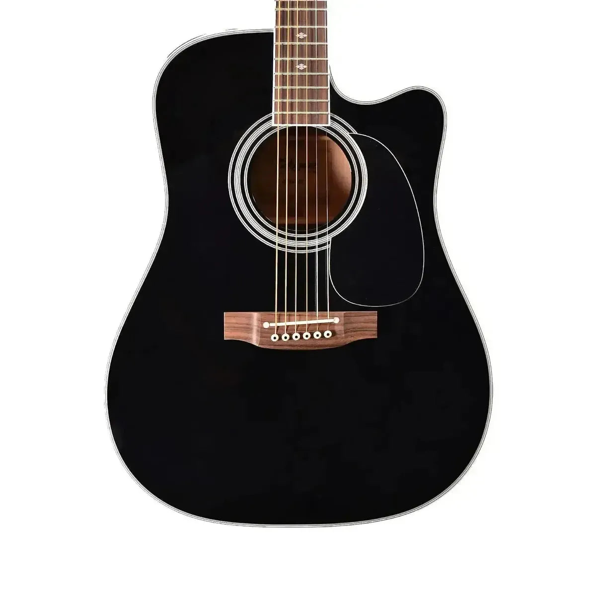 Takamine EF341SC acoustic-electric guitar with a gloss black finish, solid cedar top, and rosewood fingerboard.
