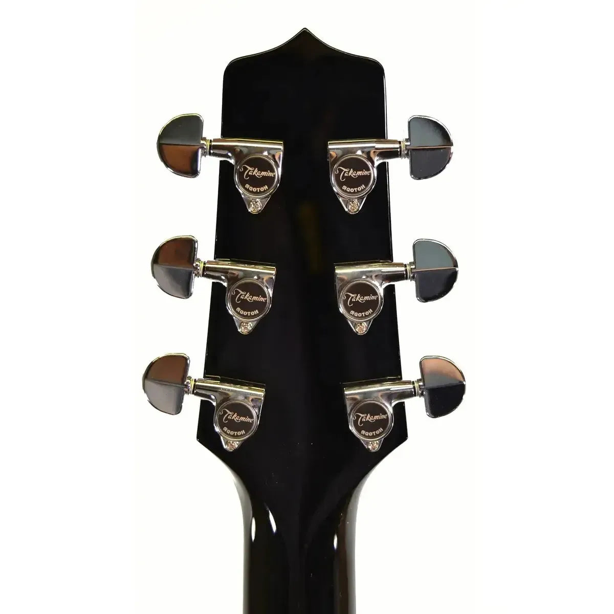 Back of a Takamine EF341SC acoustic-electric guitar headstock with six chrome tuners on a gloss black finish.