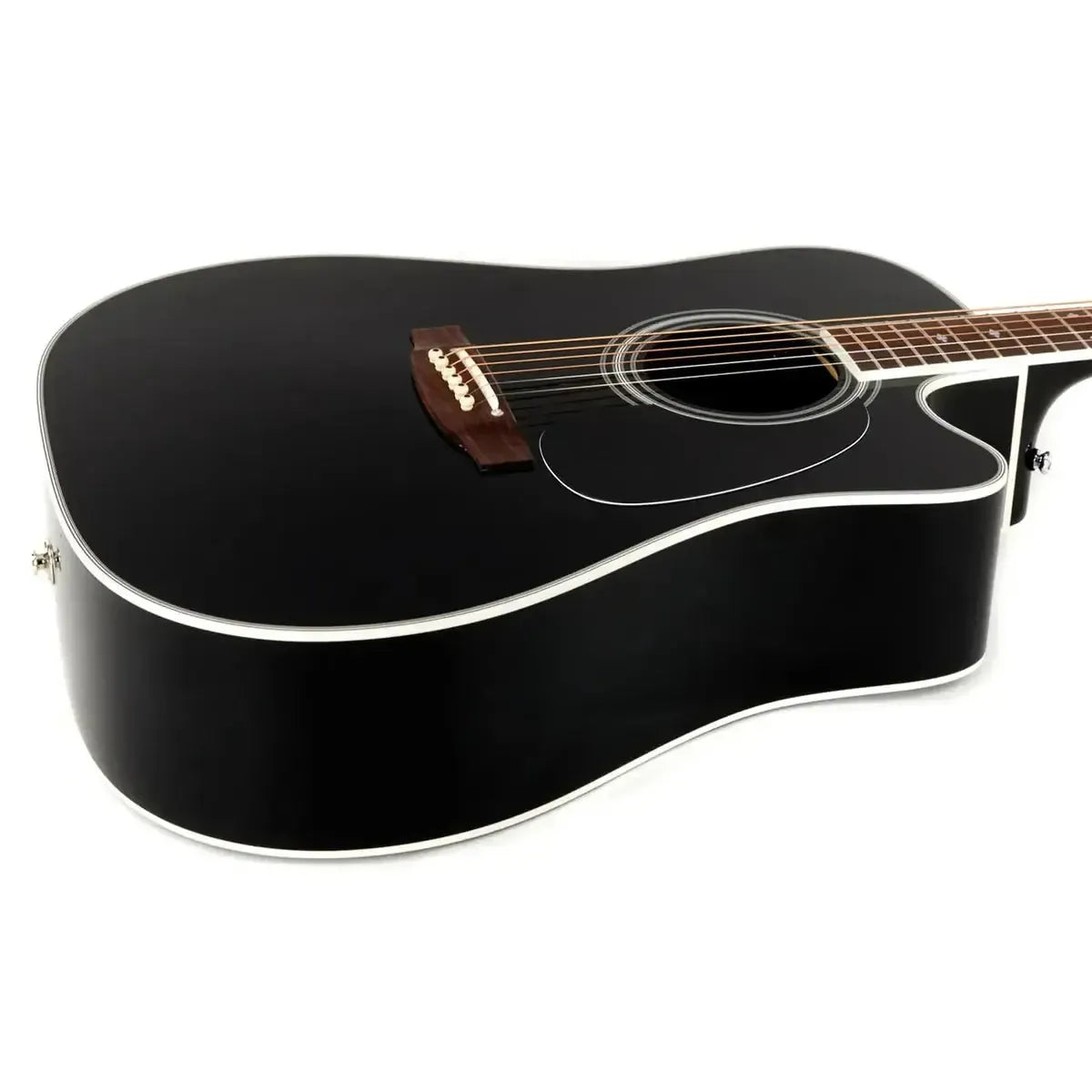 Takamine EF341SC acoustic-electric guitar with a glossy black finish, white binding, and cutaway body.