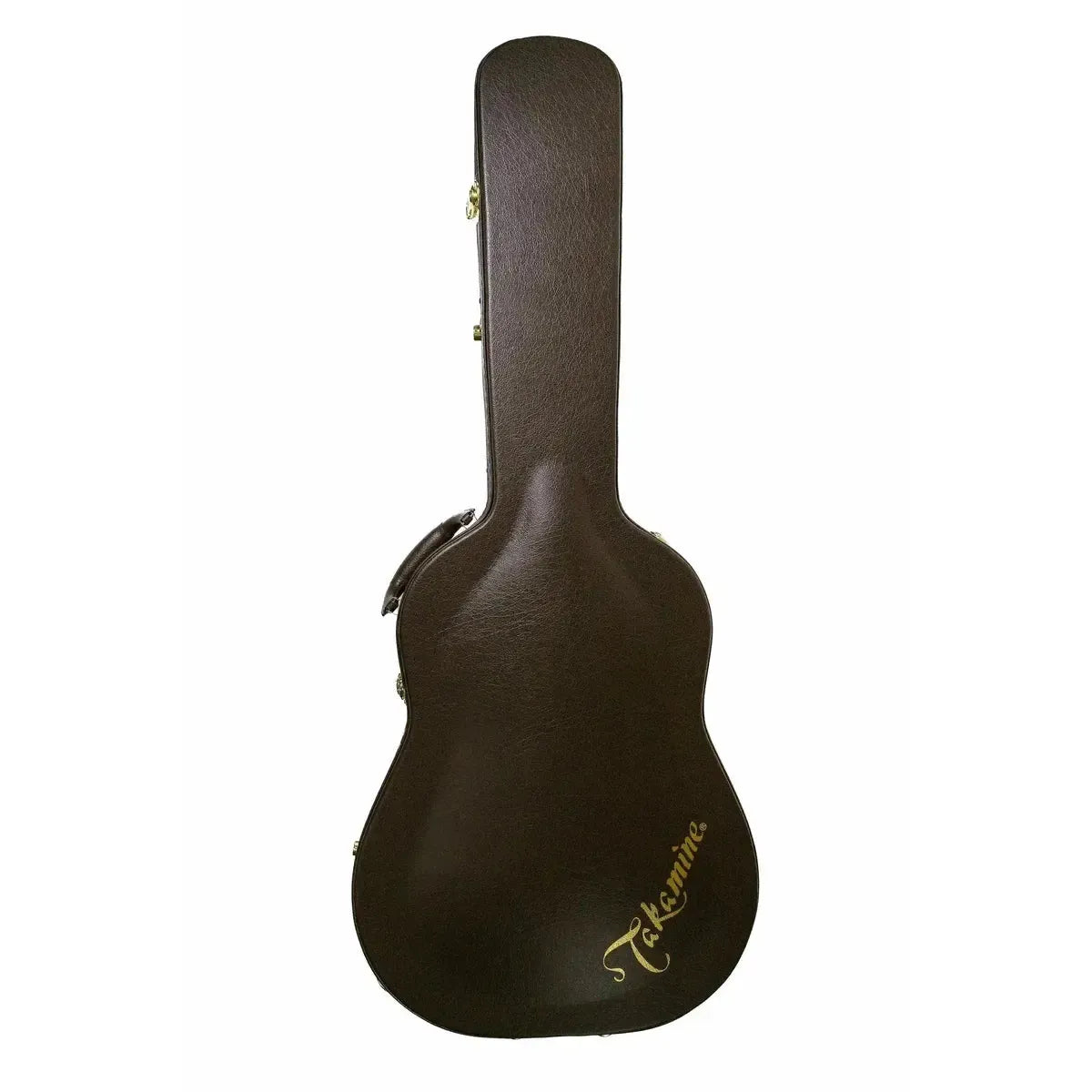 Brown Takamine dreadnought acoustic-electric guitar hardshell case with gold latches and logo.