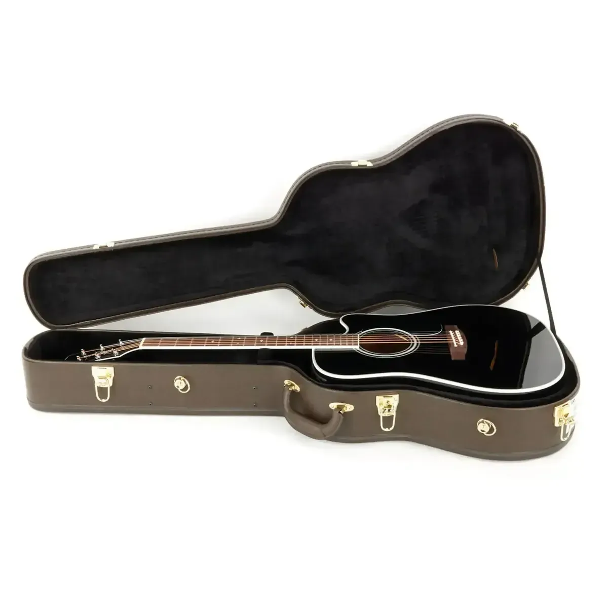 Takamine EF341SC acoustic-electric guitar with a gloss black finish resting in a brown hard case.