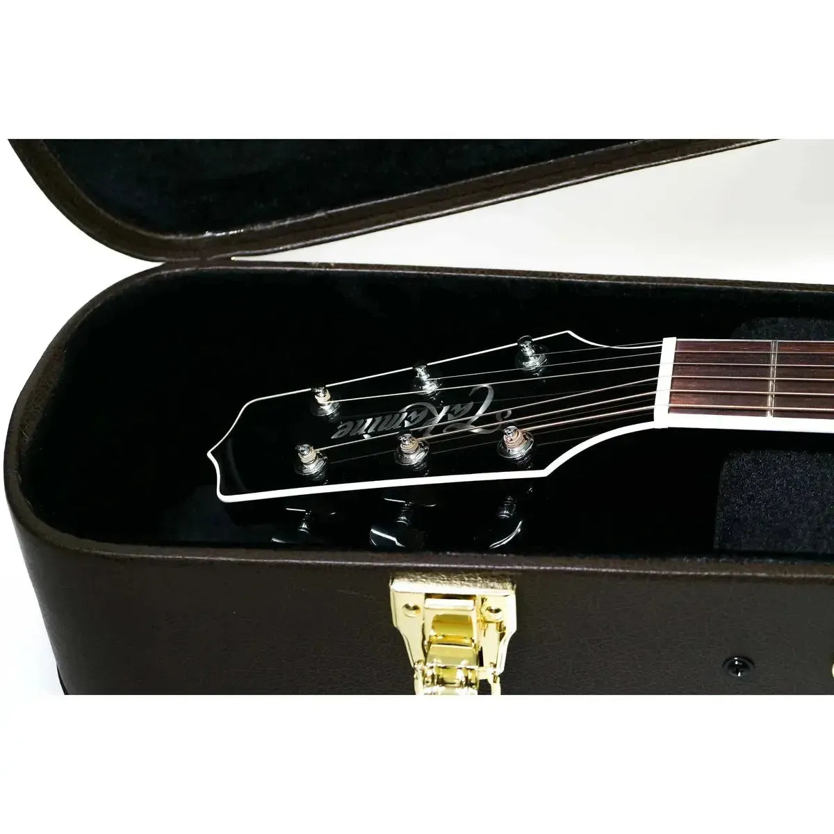 Takamine EF341SC acoustic-electric guitar headstock with chrome tuners in a brown hard case.