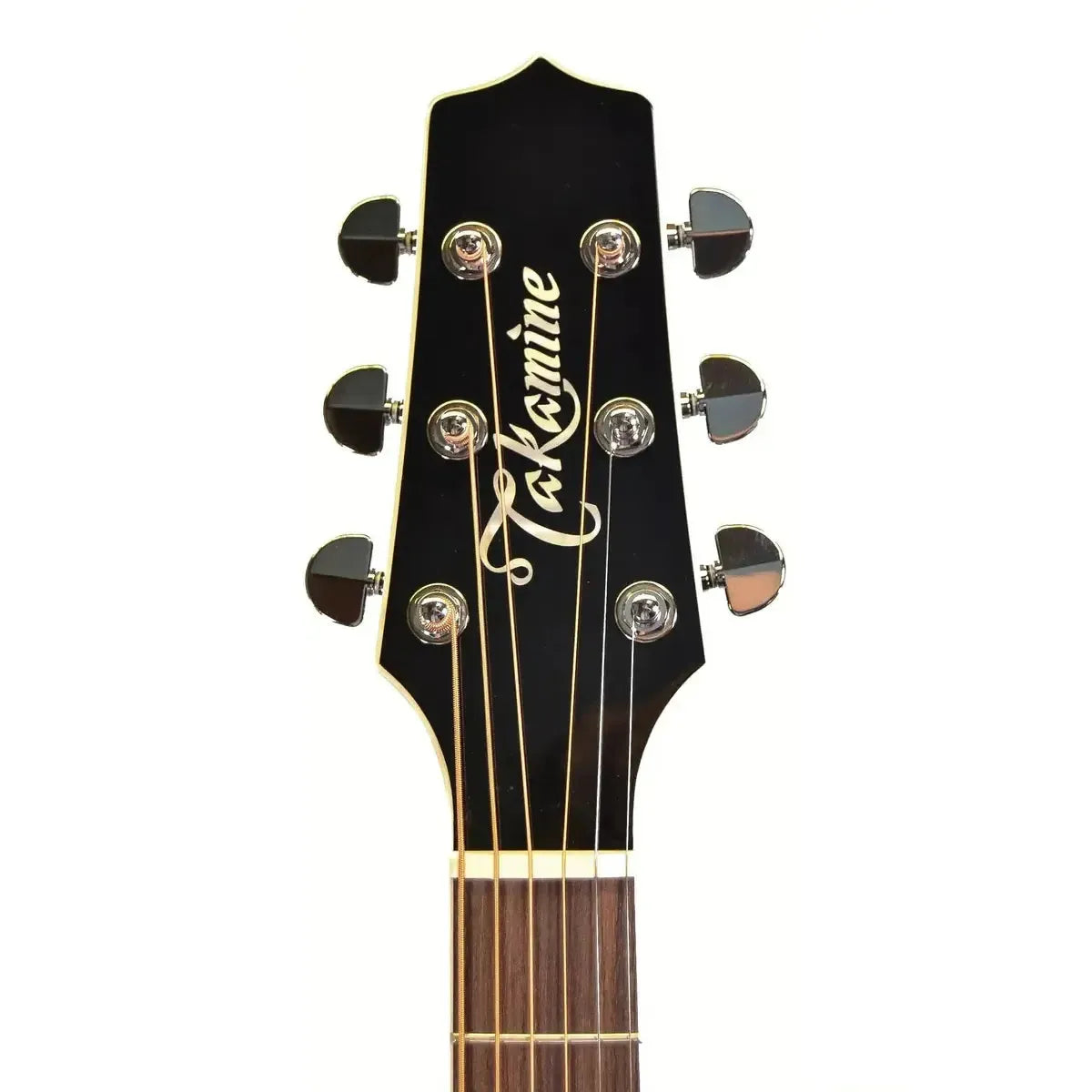 Takamine EF341SC acoustic-electric guitar headstock with gloss black finish, chrome tuners, and white logo.
