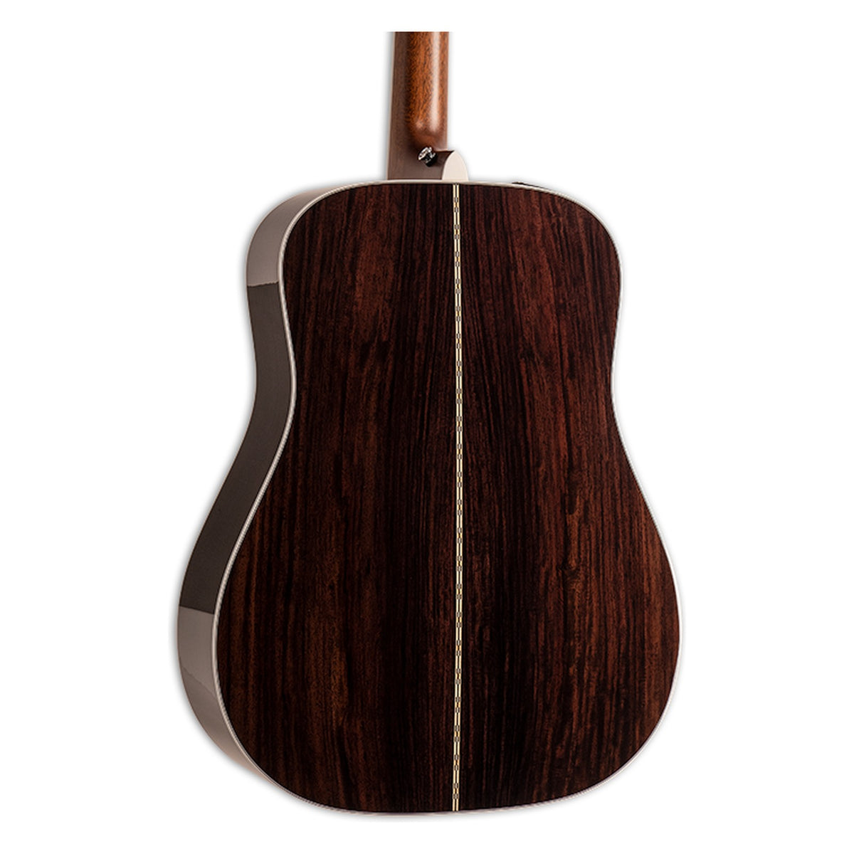 Back of the Takamine EF360GF body showing the solid rosewood back and the heel of the mahogany neck.