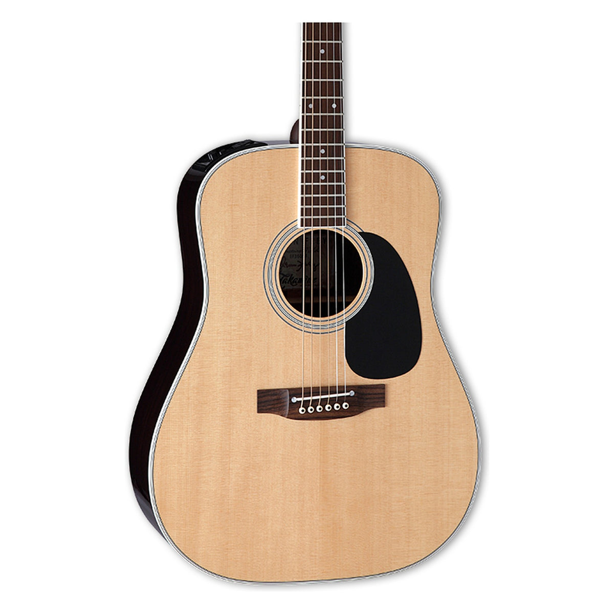 Front of the Takamine EF360GF body in a natural gloss finish: solid spruce top, soundhole rosette and the lower fretboard.