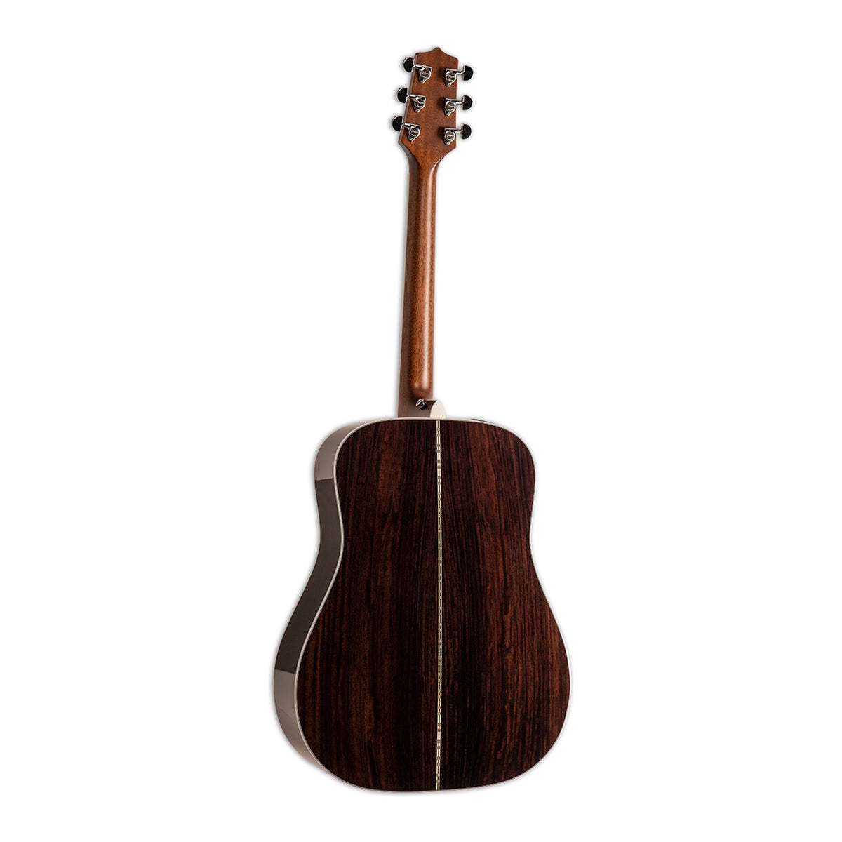 Full back view of the Takamine EF360GF showing the mahogany neck and the solid rosewood back.