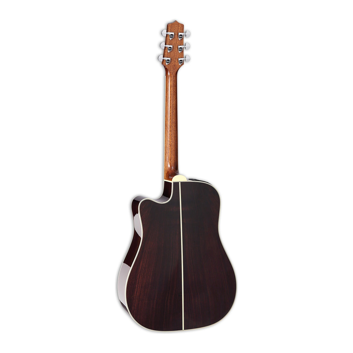 Full back view of the Takamine EF360SC TT showing the mahogany neck and the solid Indian rosewood back.