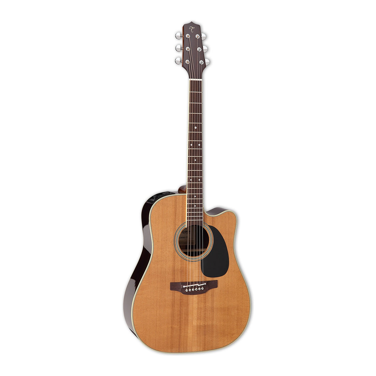 Full front view of the Takamine EF360SC TT dreadnought cutaway guitar standing upright with the headstock at the top.